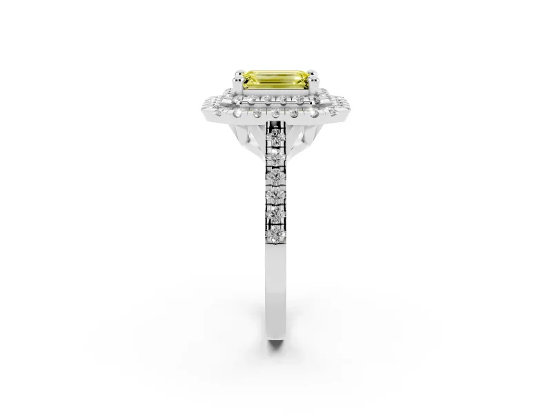 Fancy Yellow Emerald Cut Diamond Double Halo Statement Ring Set in White gold with Pavé Band