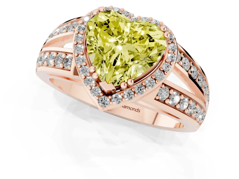 Fancy Yellow Heart Cut Diamond Halo Ring Set in Rose gold with Double Pavé Split Shank