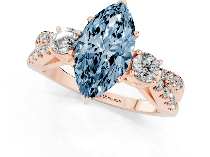 Fancy Blue Marquise Cut Diamond Three-Stone Ring Set in Rose gold with Pavé Split Shank and Prong Setting