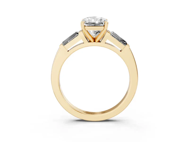 Radiant Cut Diamond Solitaire Ring Set in Yellow gold with Tapered Baguette Side Stones and Prong Setting