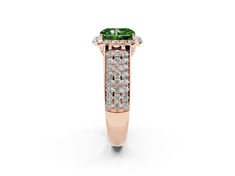 Radiant Cut Pavé Engagement Ring Setting for a Fancy Green Lab-Grown Diamond | Wide Three-Row Band | Rose Gold