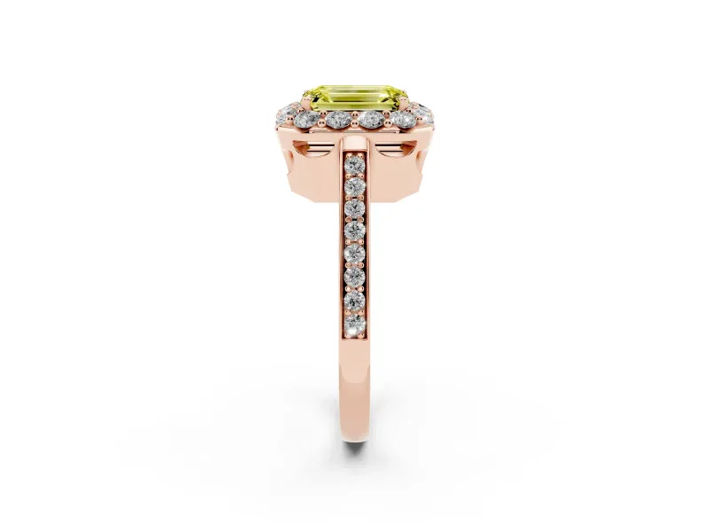 Fancy Yellow Emerald Cut Diamond Floral Halo Ring Set in Rose gold with Pavé Band and Prong Setting