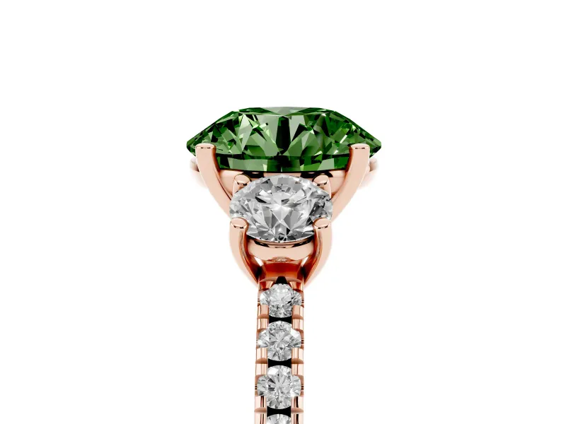 Fancy Green Round Cut Diamond Three-Stone Ring Set in Rose gold with Pavé Band and Graduated Sides