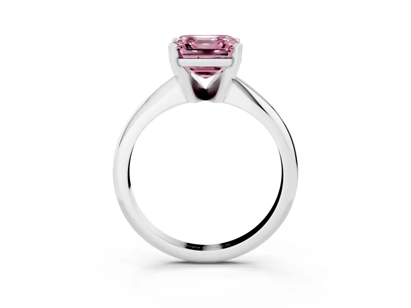 Fancy Pink Asscher Cut Diamond Solitaire Ring Set in White gold with Prong Setting on a Plain Round Band