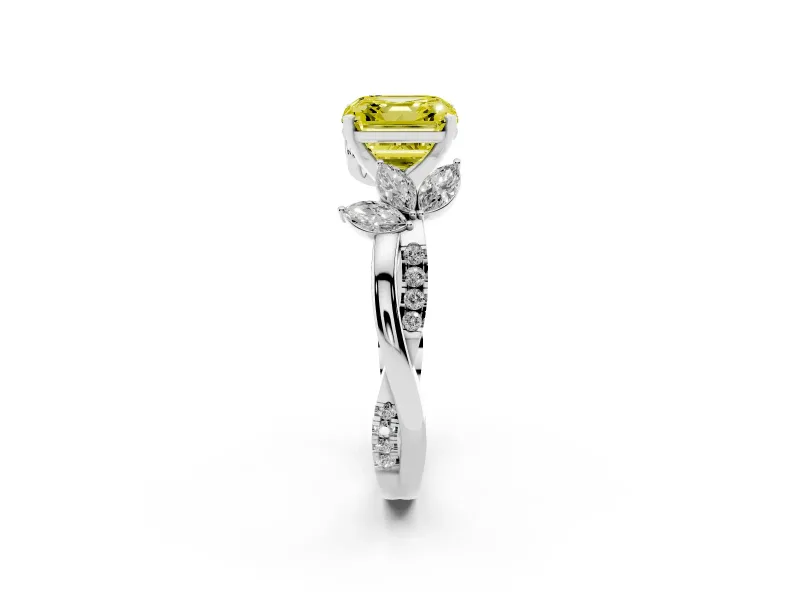 Fancy Yellow Asscher Cut Diamond Floral Vine Solitaire Engagement Ring Set in White gold with Marquise Leaves