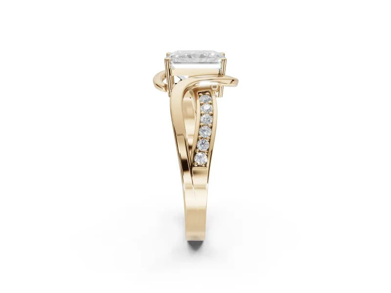 Radiant Cut Bypass Solitaire Engagement Ring Setting | Pavé and Plain Strands | Yellow Gold