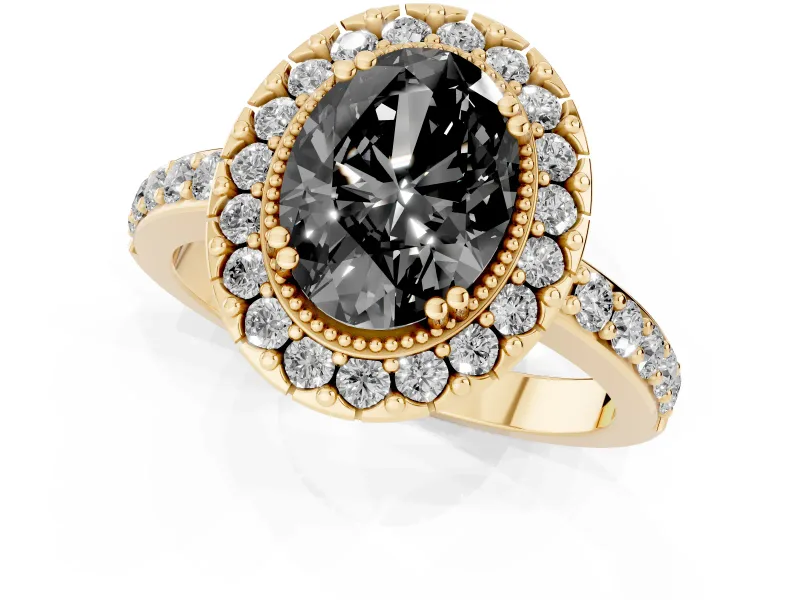 Oval Milgrain Halo Engagement Ring Setting for a Black Center | Pavé Shoulders | Yellow Gold