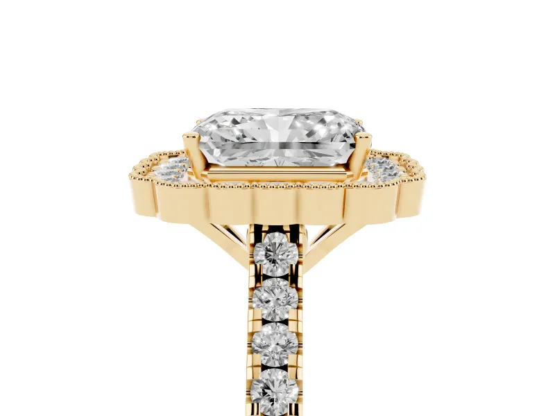 Radiant Cut Diamond Milgrain Floral Halo Engagement Ring Set in Yellow gold with Pavé Band