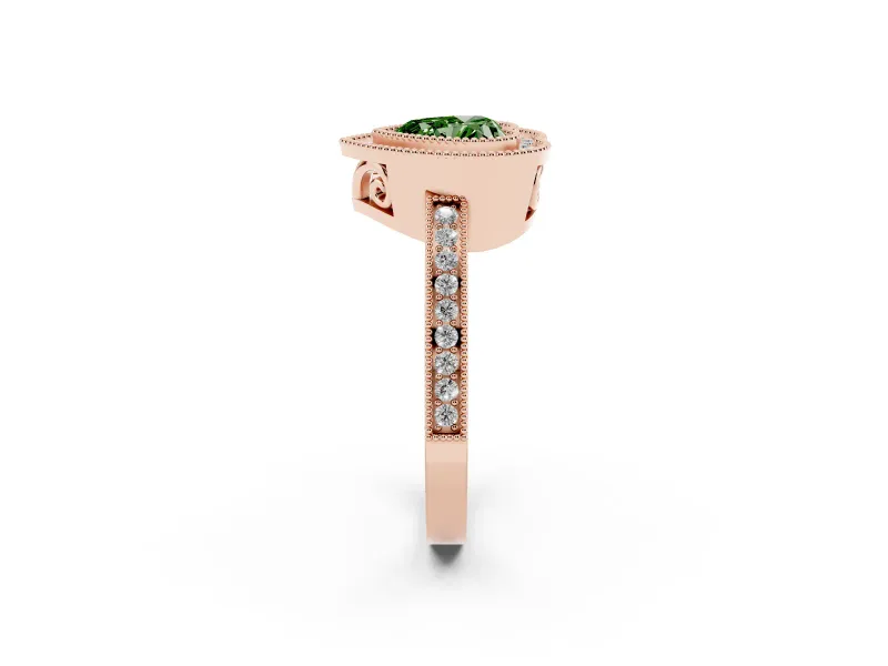 Fancy Green Heart Cut Diamond Halo Ring Set in Rose gold with Pavé Band and Milgrain-Edged Prongs