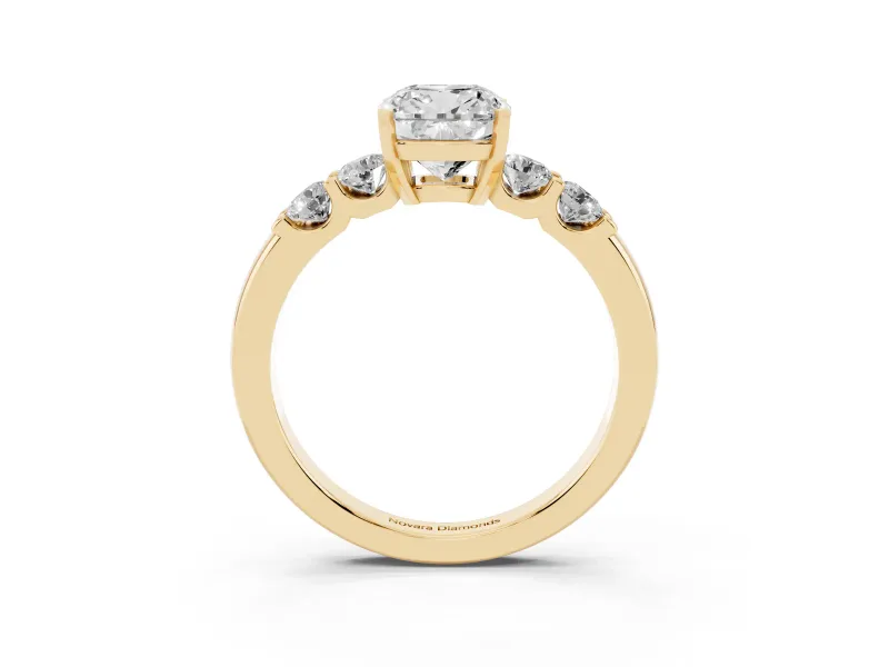 Cushion Cut Diamond Five-Stone Prong Set Engagement Ring Set in Yellow gold with Channel Band