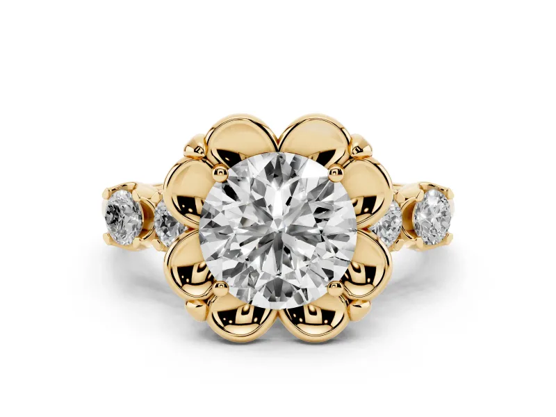 Round Cut Diamond Floral Halo Ring Set in Yellow gold with Shared Prong Band