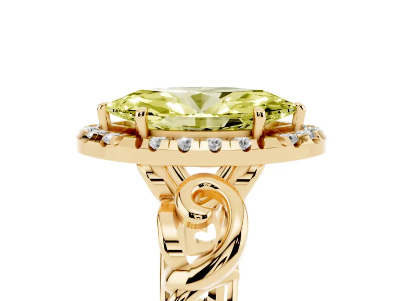 Fancy Yellow Marquise Cut Diamond Halo Ring Set in Yellow gold with Scrollwork Band and Prong Setting