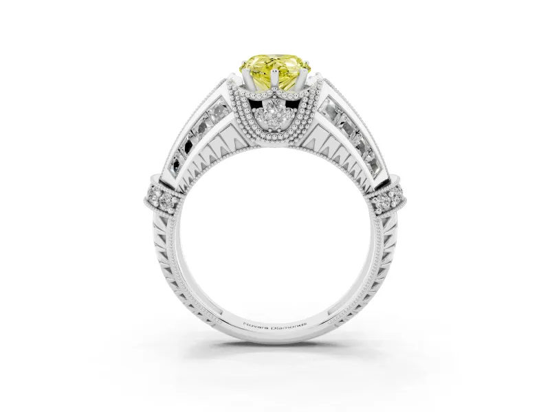 Fancy Yellow Pear Cut Diamond Vintage-Inspired Milgrain Ring Set in White gold with Accent Split Shank