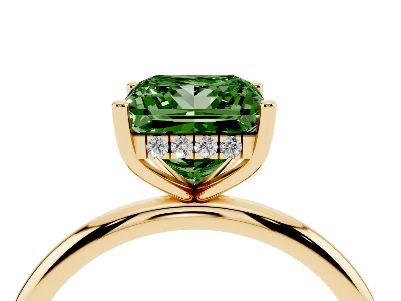 Fancy Green Princess Cut Diamond Solitaire Engagement Ring Set in Yellow gold with Prong Setting and Polished Band