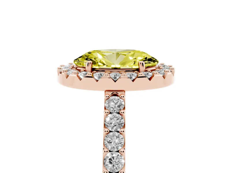 Fancy Yellow Oval Cut Diamond Halo Pavé Solitaire Ring Set in Rose gold with Prong-Set Center Stone