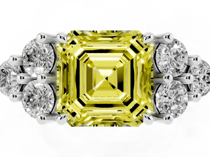 Fancy Yellow Asscher Cut Diamond Solitaire Ring Set in White gold with Cluster Accents on Each Side