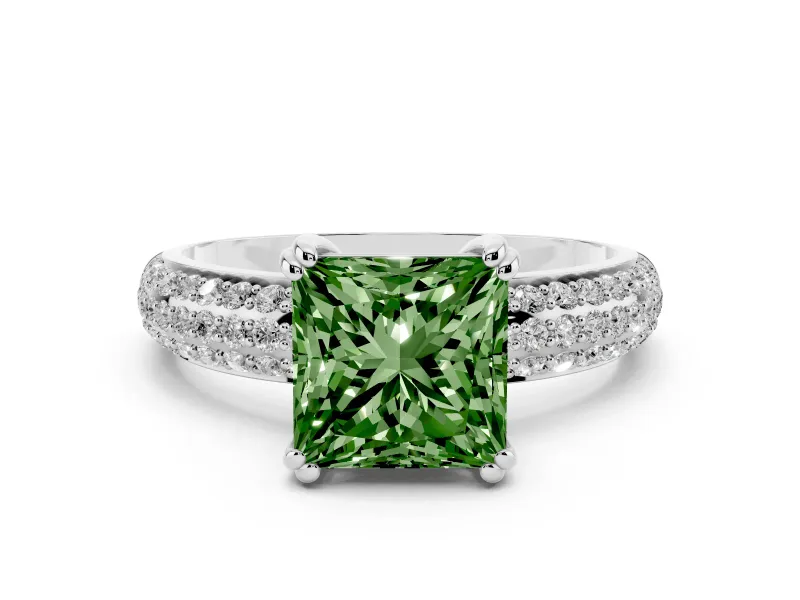 Fancy Green Princess Cut Diamond Solitaire Ring Set in Platinum with Multi-Row Round Pavé Band and Prong Setting