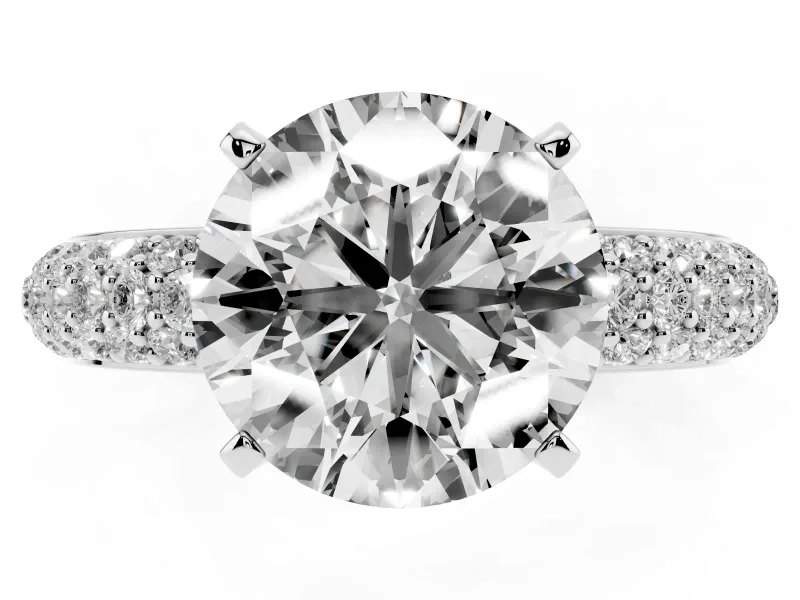 Round Cut Diamond Solitaire Ring Set in Platinum with Prong Setting and Pavé-Set Band
