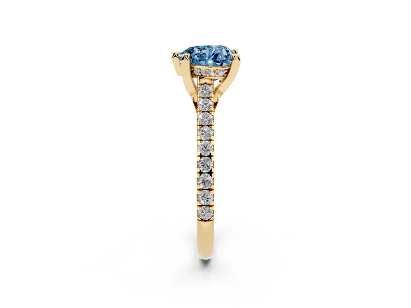 Heart-Shaped Hidden Halo Pave Engagement Ring Setting for a Fancy Blue Lab-Grown Diamond | Claw Prongs | Yellow Gold