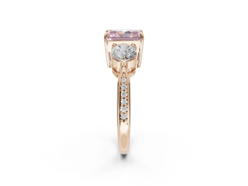 Radiant Cut Three Stone Engagement Ring Setting for a Fancy Pink Lab-Grown Diamond | Tapered Pave Band | Rose Gold