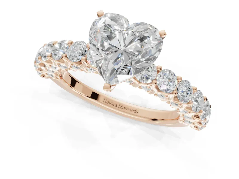 Heart-Shaped Shared Prong Engagement Ring Setting | Two-Row Band | Rose Gold