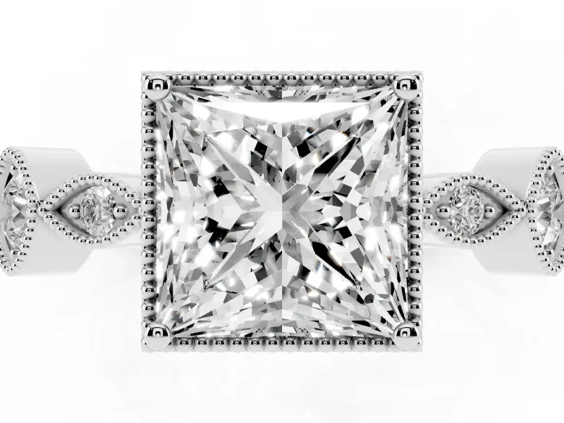 Princess Cut Diamond Vintage-Inspired Milgrain Ring Set in Silver with Marquise Stations of Round Accents