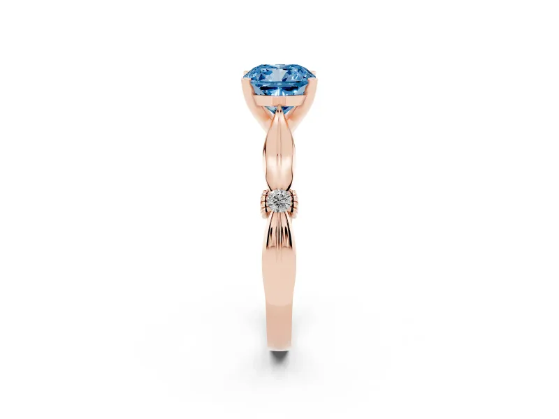 Fancy Blue Cushion Cut Diamond Solitaire Twisted Band Ring Set in Rose gold with Accent Stones and Prong Setting