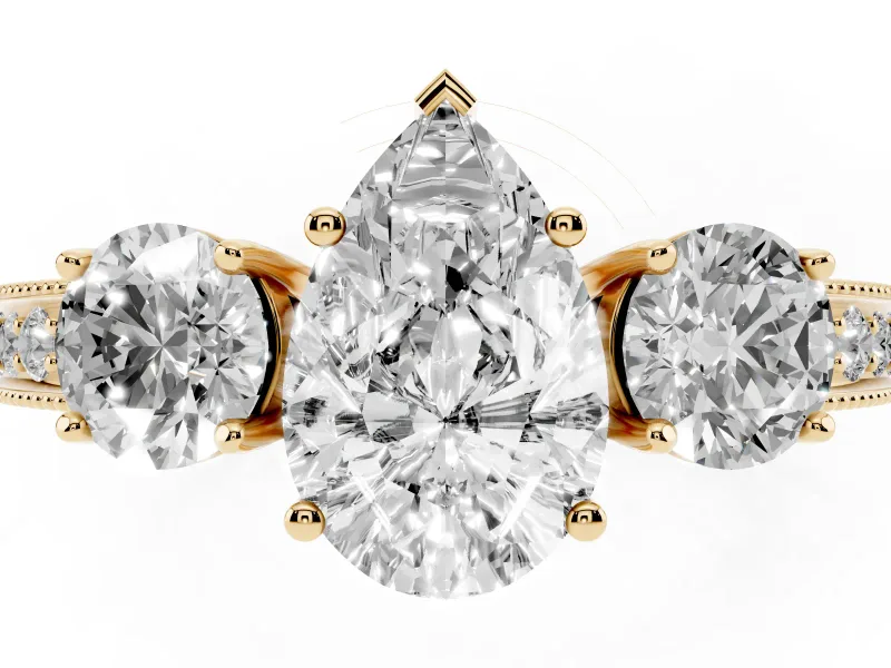Pear-Shaped Vintage Three Stone Engagement Ring Setting | Graduated Milgrain Pave | Yellow Gold
