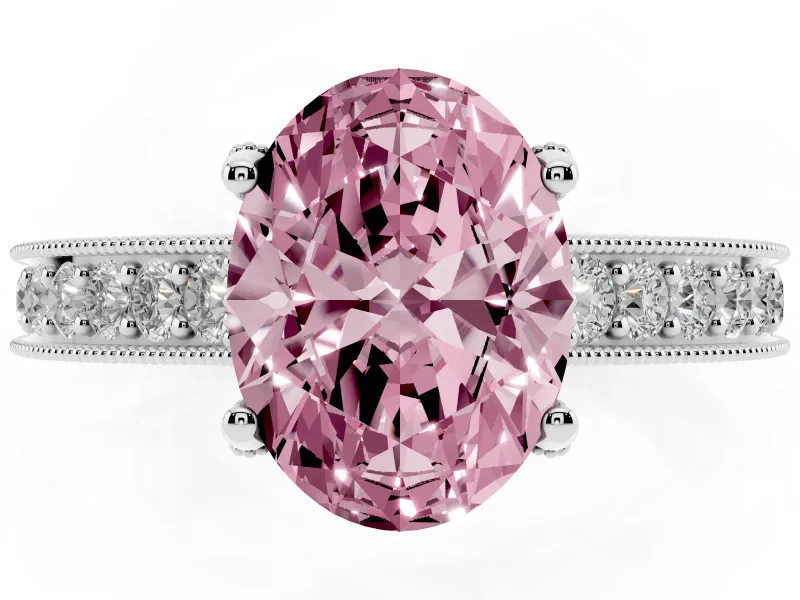 Oval Vintage Hidden Halo Engagement Ring Setting for a Fancy Pink Lab-Grown Diamond | Milgrain Pave Band | Platinum