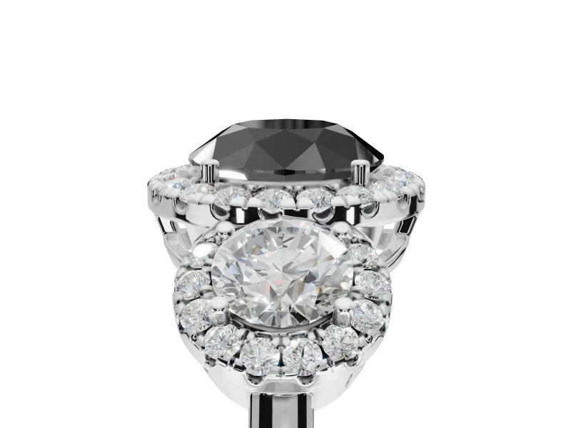 Round Three Stone Halo Engagement Ring Setting for a Black Center | Haloed Side Stones | White Gold