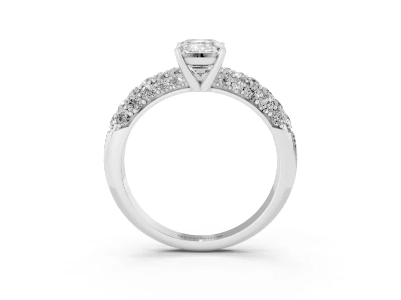 Emerald Cut Multi Row Pave Solitaire Engagement Ring Setting | Domed Shoulders | White Gold