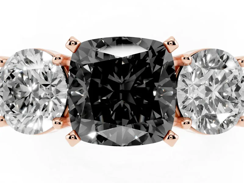 Cushion Cut Three Stone Engagement Ring Setting for a Black Center | Round Side Stones | Rose Gold