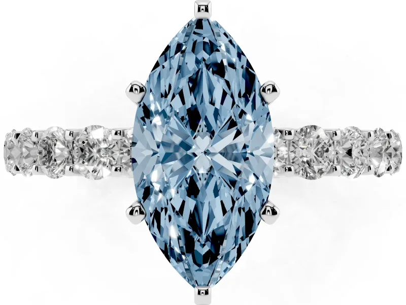 Fancy Blue Marquise Cut Diamond Solitaire Ring Set in Platinum with Shared Prong Pavé Band