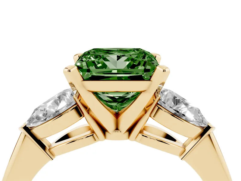 Fancy Green Three-Stone Princess Cut Diamond Ring Set in Yellow gold with Pear Side Stones and Prong Setting