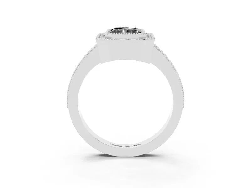 Fancy Black Radiant Cut Diamond Halo Engagement Ring Set in White gold with Pavé Band and Round Halo Stones