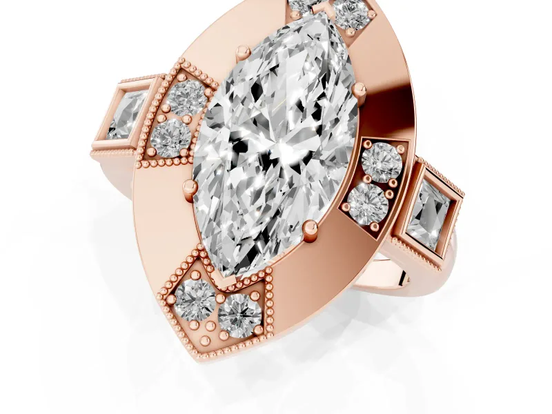 Marquise Cut Diamond Milgrain Halo Ring Set in Rose gold with Split Shank