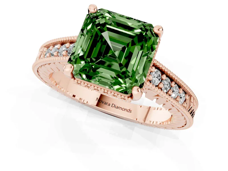 Asscher Cut Engraved Engagement Ring Setting for a Fancy Green Lab-Grown Diamond | Rose Gold
