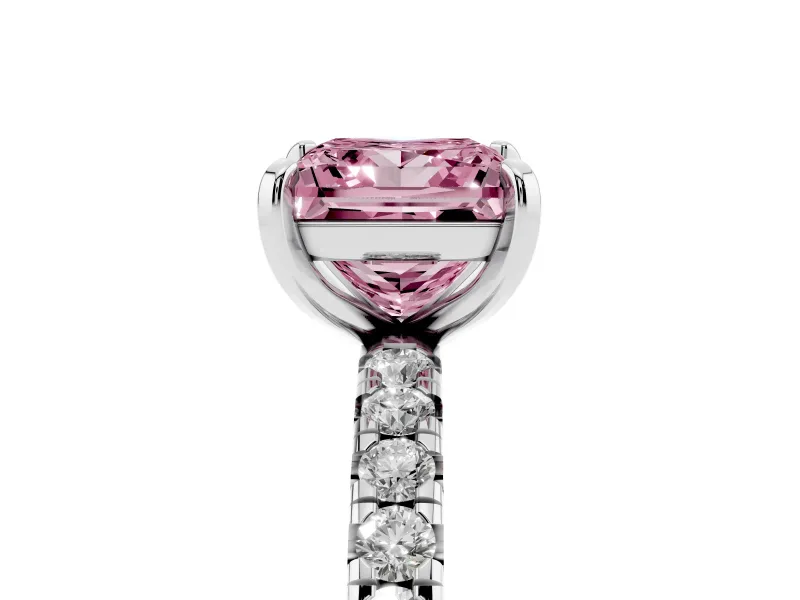 Fancy Pink Princess Cut Diamond Pavé Solitaire Ring Set in Platinum with Round Band and Prong Setting