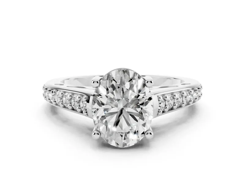 Oval Cut Diamond Prong Set Solitaire Engagement Ring Set in Platinum with Pavé Band
