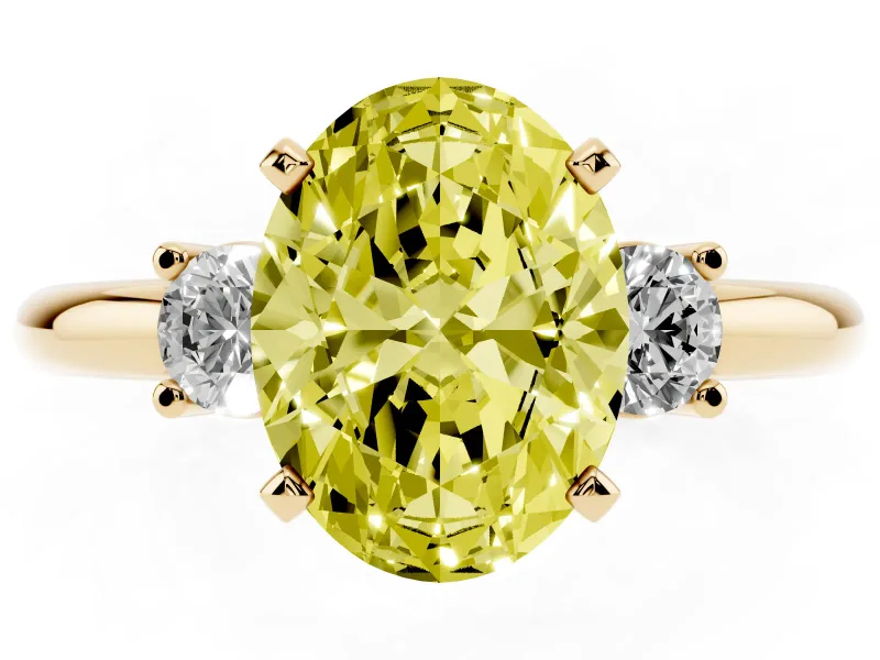 Fancy Yellow Three-Stone Oval Cut Diamond Ring Set in Yellow gold with Prong Setting and Plain Band