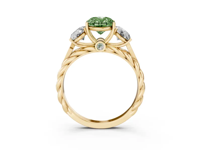 Oval Three Stone Engagement Ring Setting for a Fancy Green Lab-Grown Diamond | Braided Band | Yellow Gold