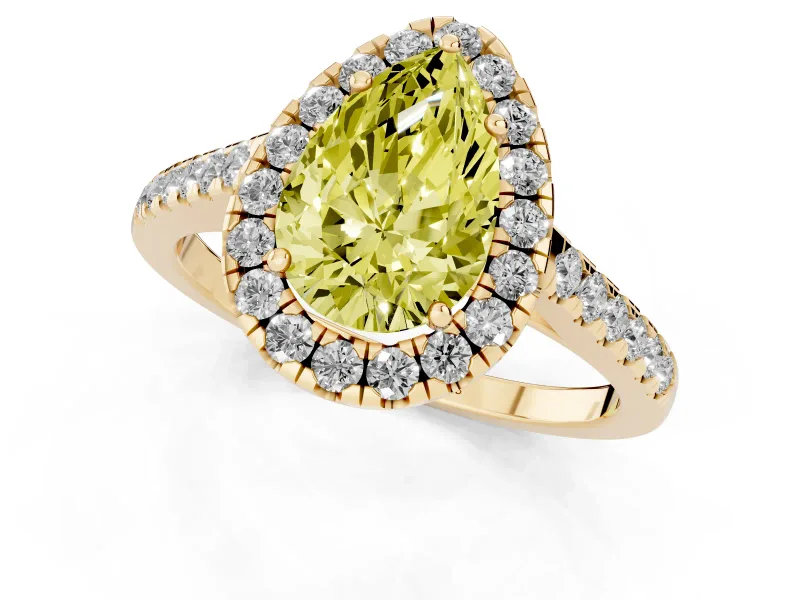 Pear-Shaped Halo Engagement Ring Setting for a Fancy Yellow Lab-Grown Diamond | Pave Shoulders | Yellow Gold