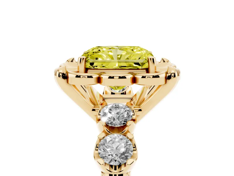Fancy Yellow Radiant Cut Diamond Floral Halo Ring Set in Yellow gold with Shared Prong Band