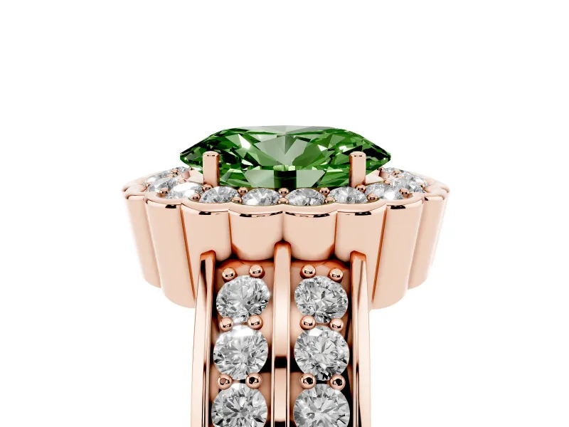 Fancy Green Oval Cut Diamond Scalloped Halo Ring Set in Rose gold with Pavé Split Shank