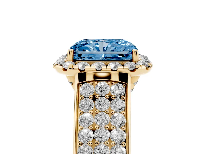 Radiant Cut Pavé Engagement Ring Setting for a Fancy Blue Lab-Grown Diamond | Wide Three-Row Band | Yellow Gold