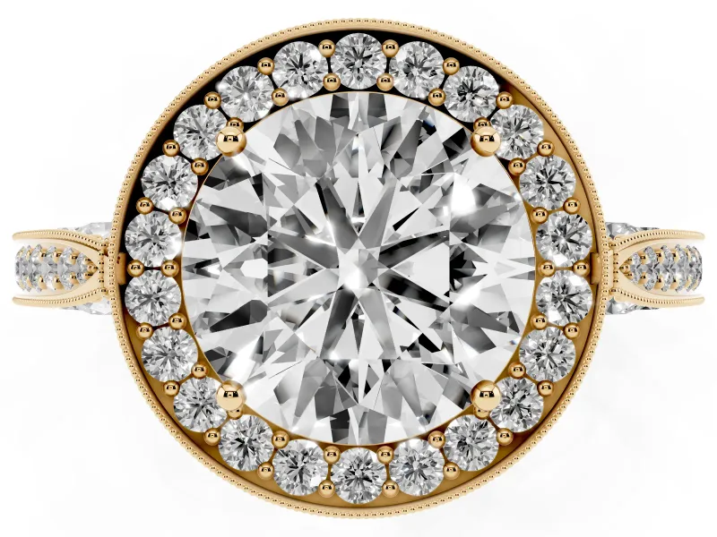 Round Vintage Milgrain Halo Engagement Ring Setting | Side Stones and Pave | Yellow Gold