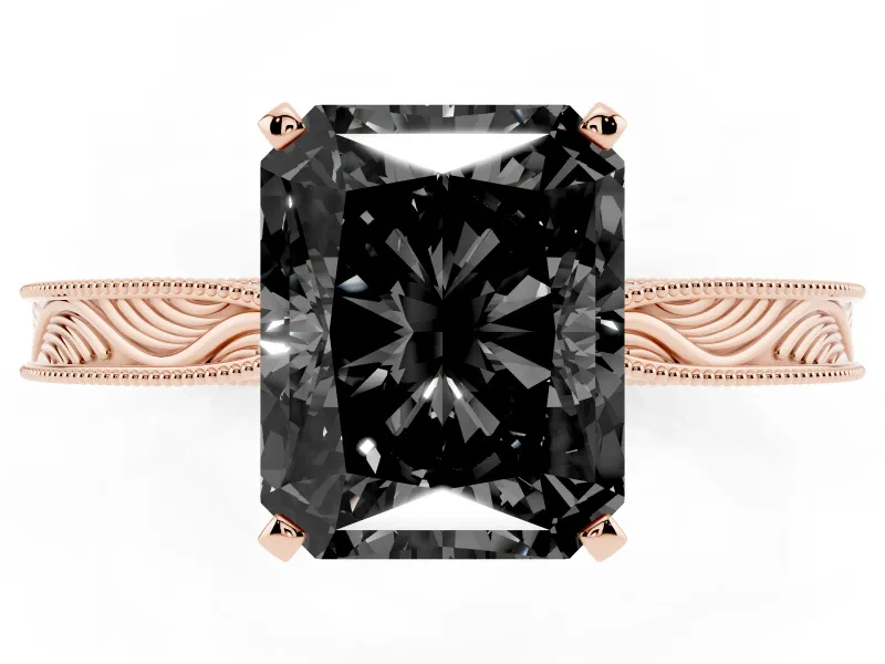 Fancy Black Radiant Cut Diamond Solitaire Milgrain Engraved Band Set in Rose gold with Prong Setting