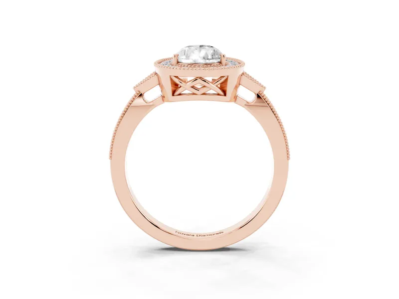 Pear Cut Diamond Halo Engagement Ring Set in Rose gold with Milgrain Pavé Band