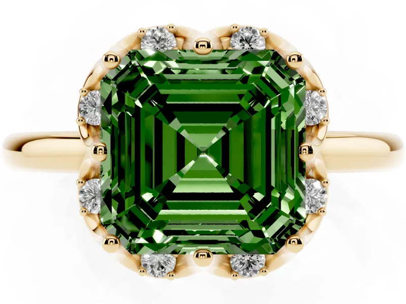 Asscher Cut Petal Halo Engagement Ring Setting for a Fancy Green Lab-Grown Diamond | Yellow Gold