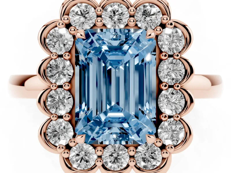 Emerald Cut Scalloped Cluster Halo Engagement Ring Setting for a Fancy Blue Lab-Grown Diamond | Plain Band | Rose Gold